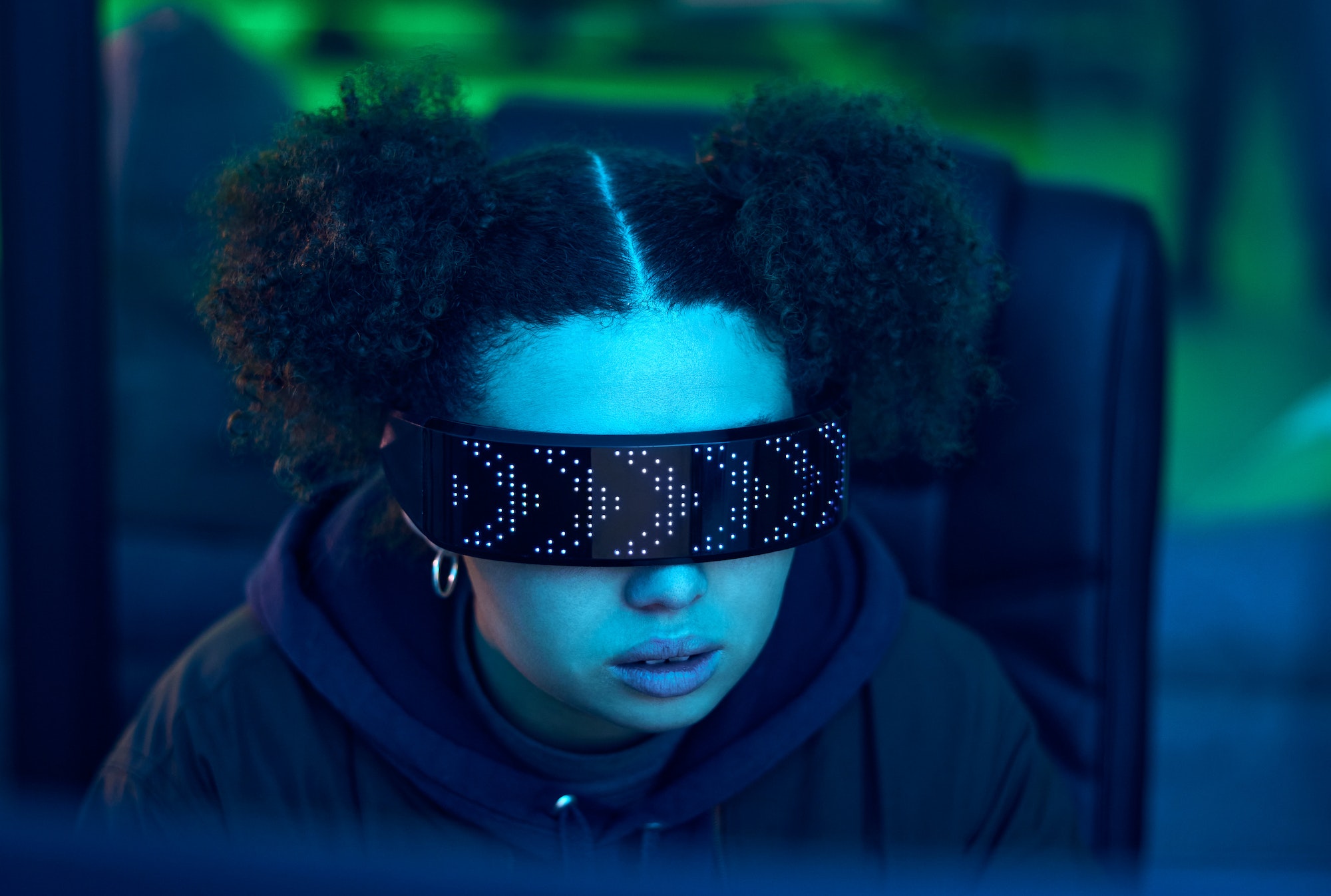 Computer, cyberpunk glasses or neon hacker hacking software, online server or girl programming pass