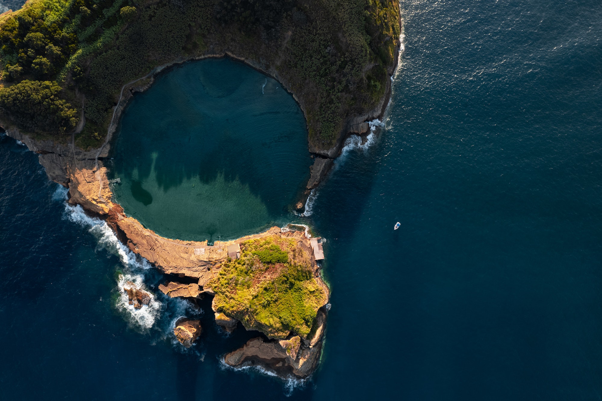 Picturesque volcanic island in ocean