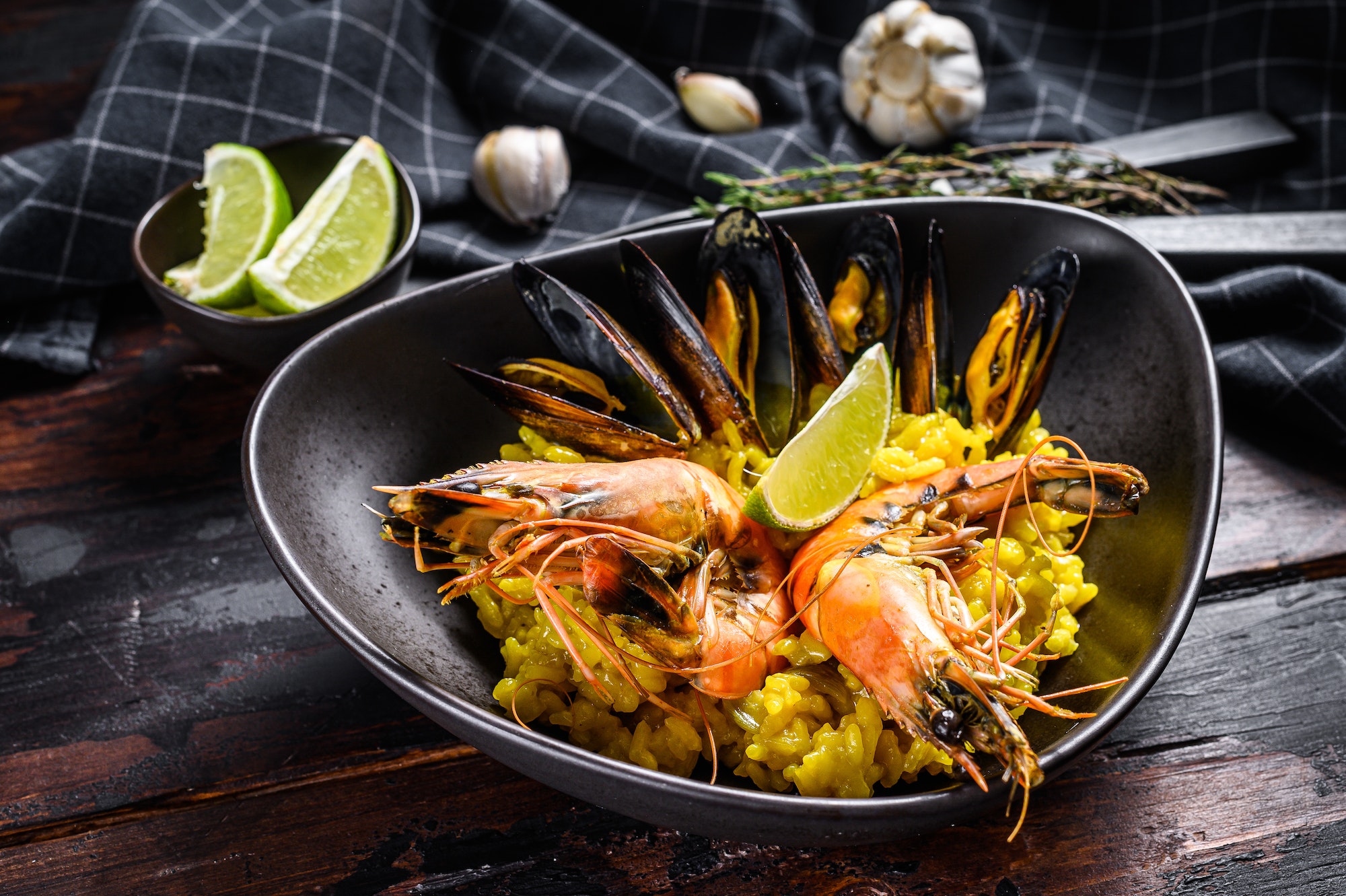 The Spanish Seafood paella with prawns, shrimps, octopus and mussels