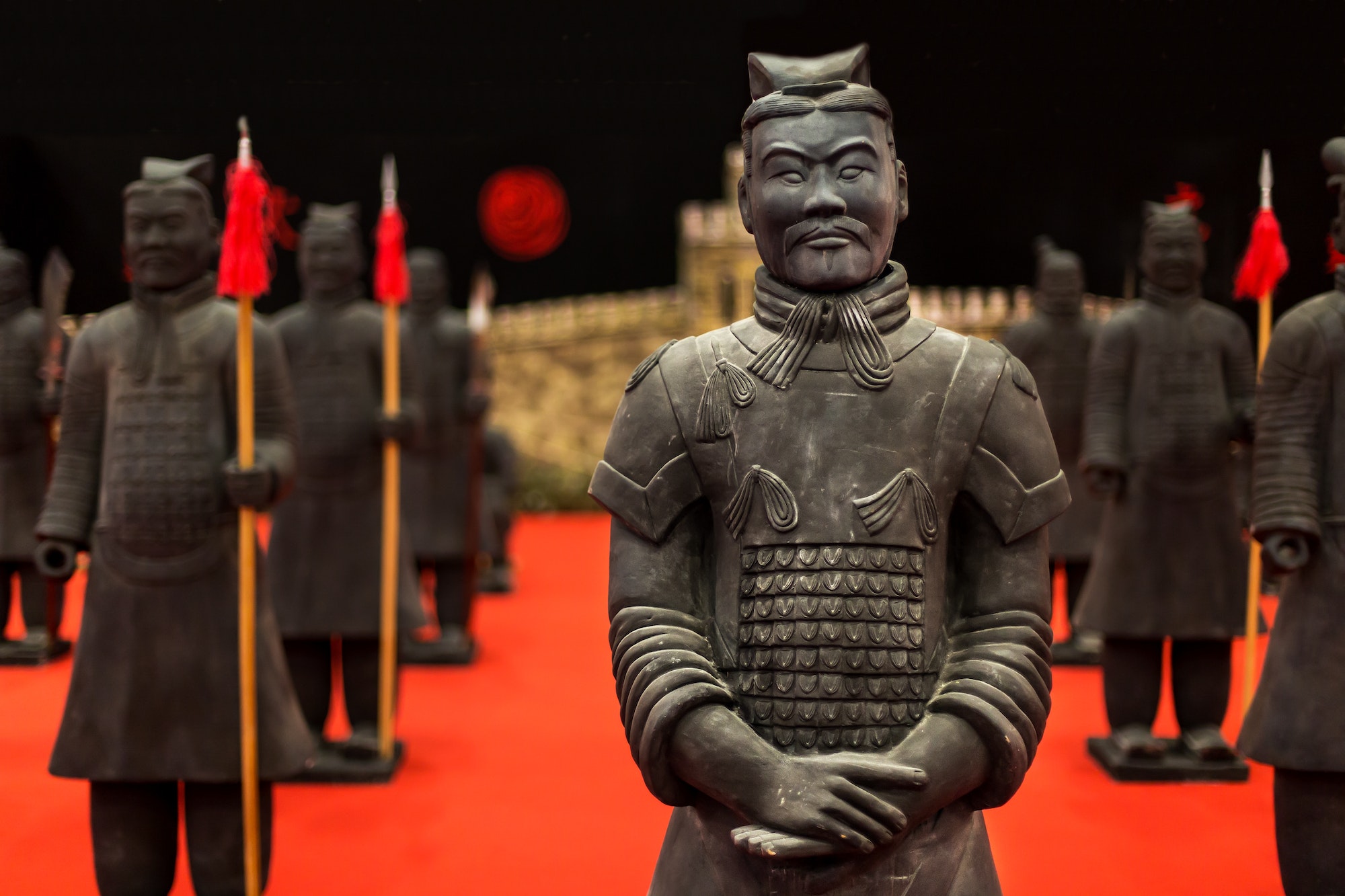 Closeup of the duplicates of the Chinese Terracotta Army with a blurry background