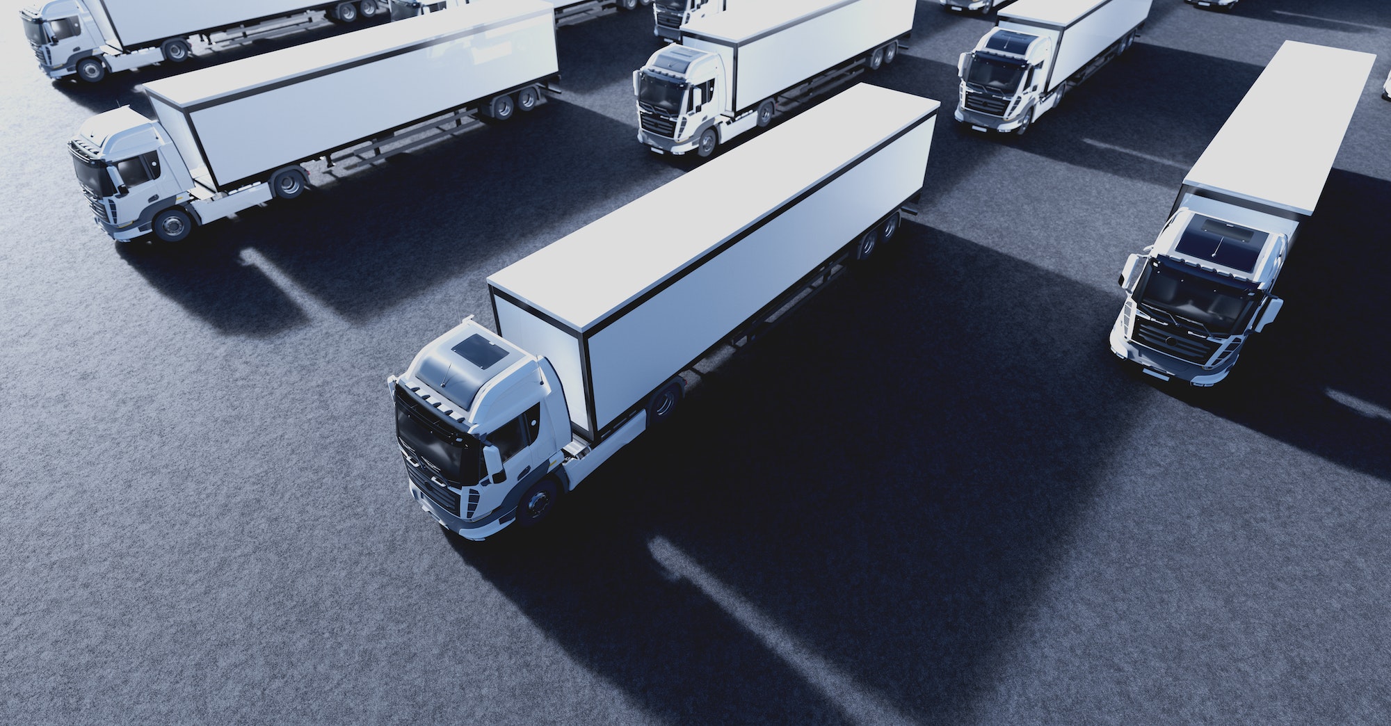 Fleet of new heavy trucks. Transportation, shipping industry