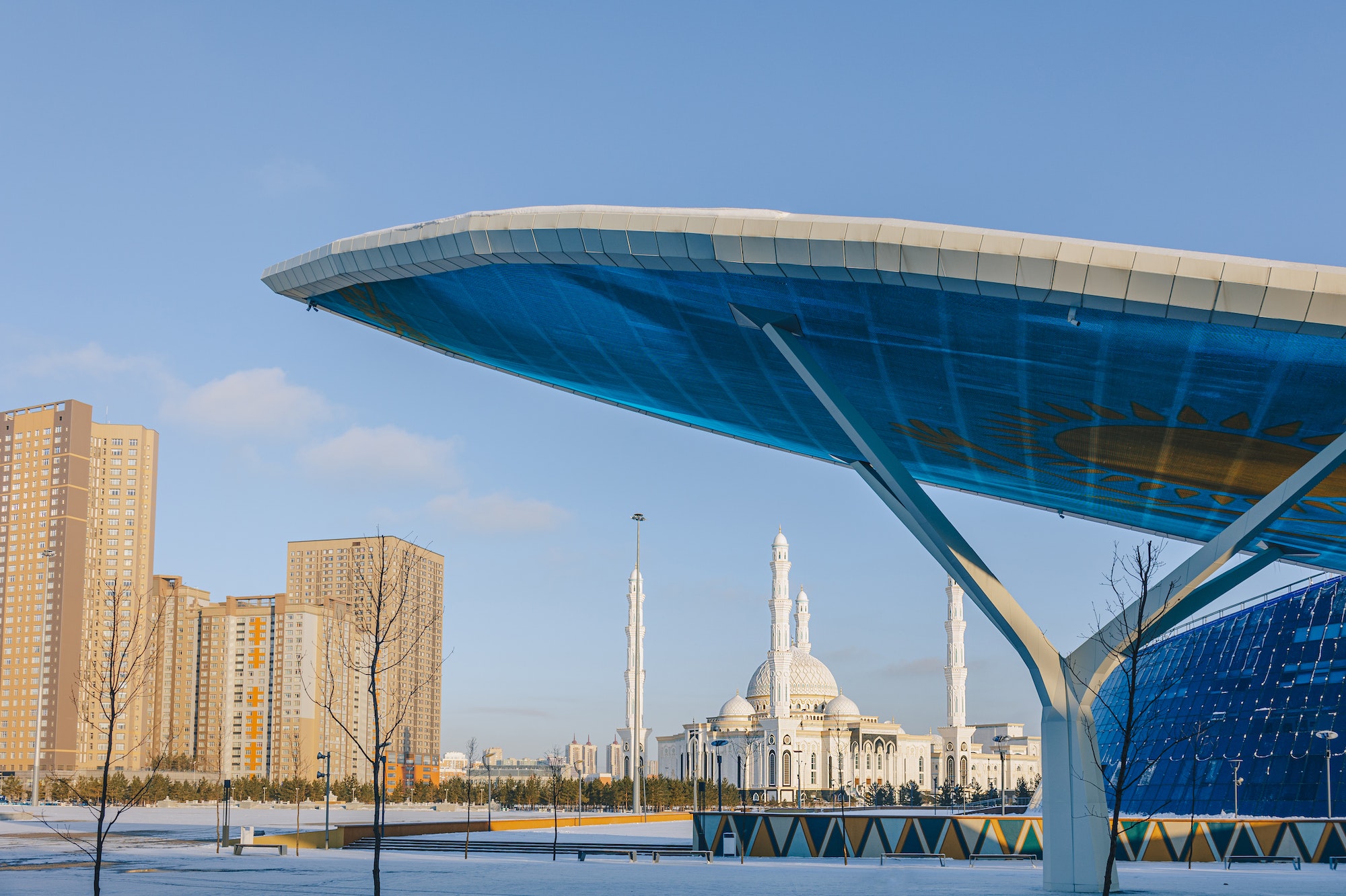 Modern architectural urbanistic city Astana. Futuristic buildings, mosque, Nur-Sultan, Astana