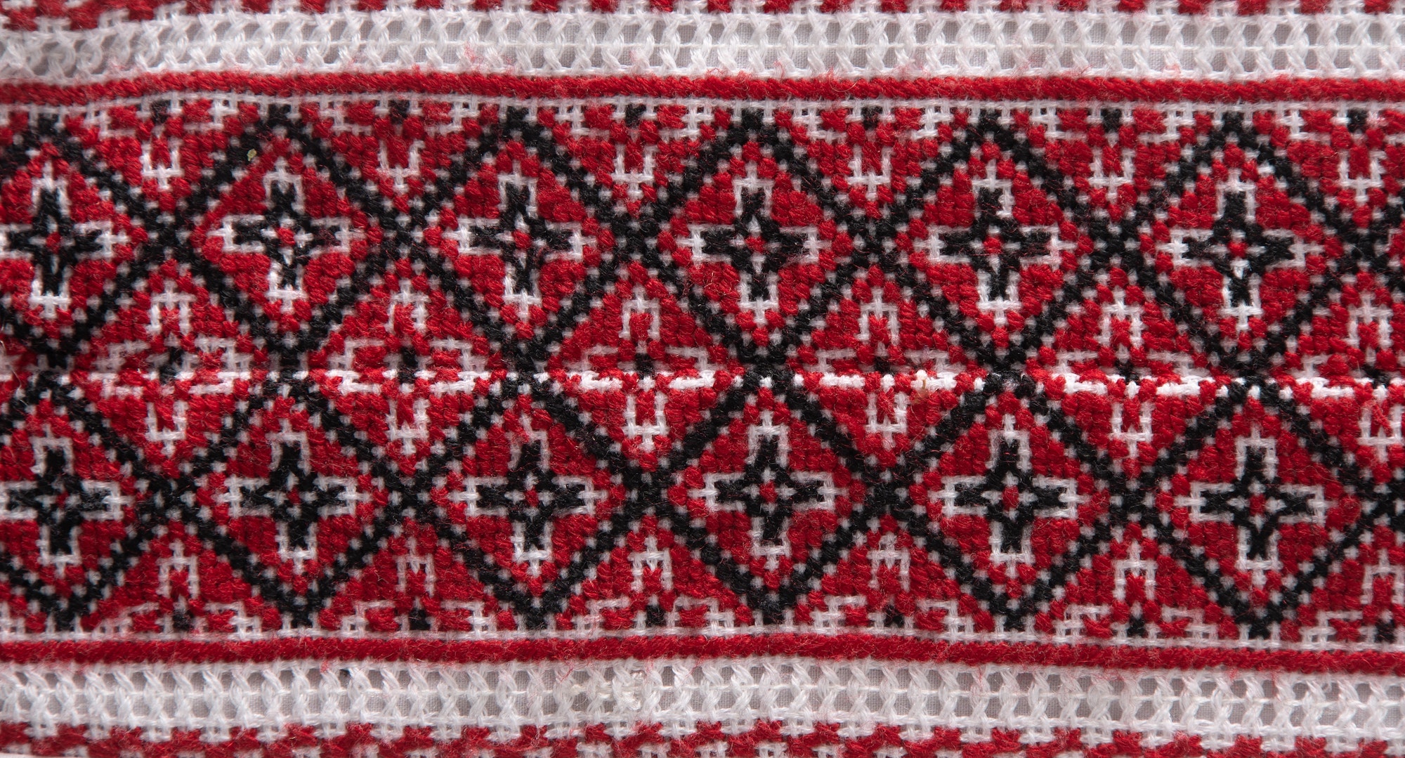National Ukrainian embroidery. Handmade. Cross stitch in red, black and white. Traditional shirt of